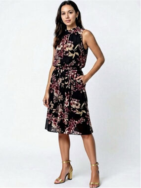 Soiéblu Floral Maxi Dress Black S Wedding Guest Boho Smocked Chiffon Tie